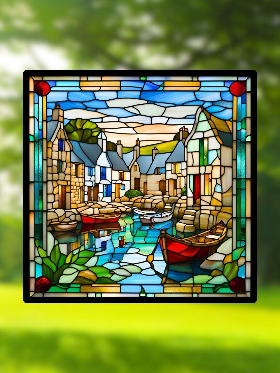Vitrail Le Village au Bord de l’Eau – Décoration de Vitre Champêtre – Cadeau Original pour Amoureux de Paysages Marins