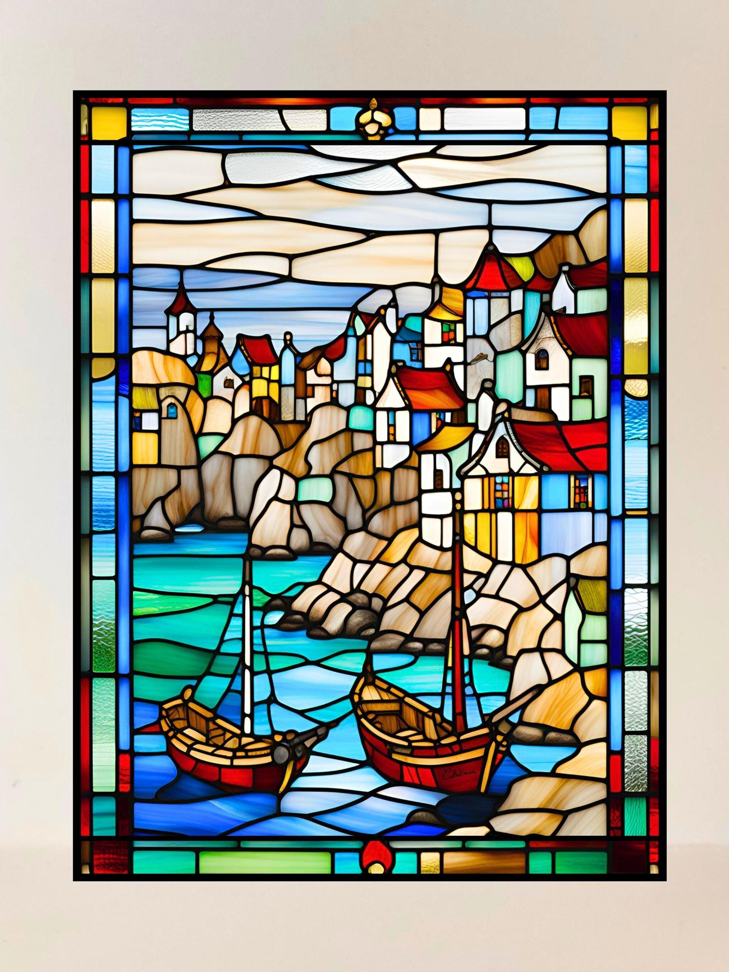 Vitrail Village de Pêcheurs 30x40cm – Décoration vitre Marine – Cadeau Art Nautique