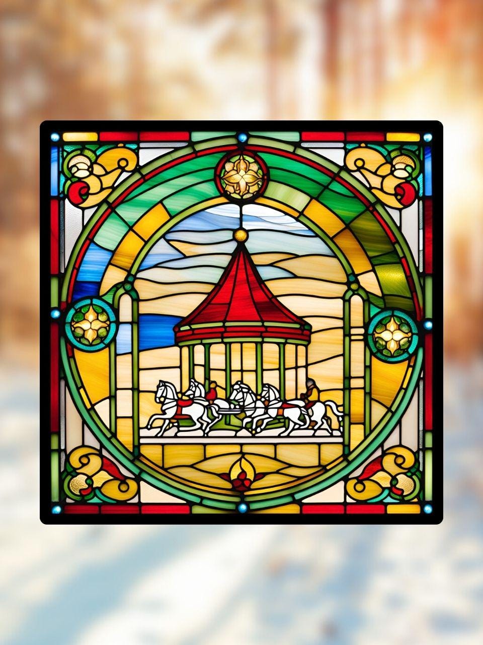 Vitrail Le Carrousel de Noël – Décoration de Vitre Festive – Cadeau Original pour les Fêtes de Fin d'Année