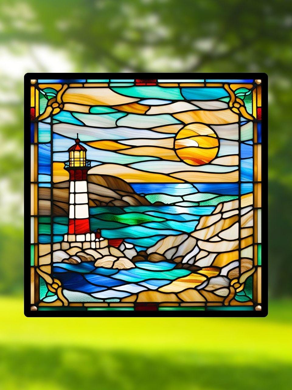 Vitrail Le Phare – Décoration de Vitre Marine – Cadeau Original pour Passionnés de Paysages Côtiers