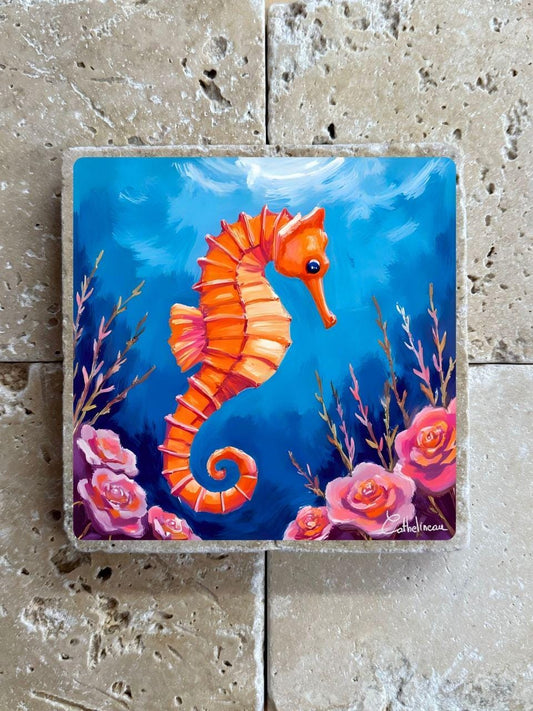 Pierre travertin 10x10 cm – Carreau décoratif hippocampe marin, verso liège