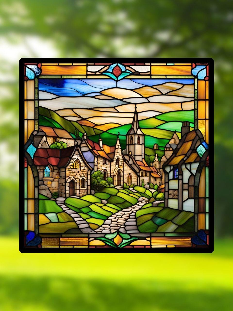 Vitrail Le Village Médiéval – Décoration de Vitre Historique – Cadeau Original pour Amoureux du Moyen Âge