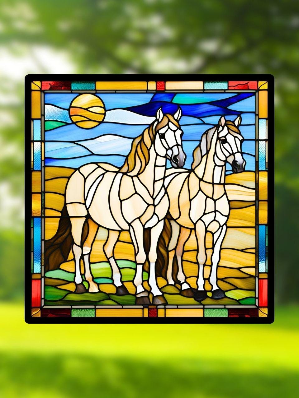 Vitrail Chevaux Blancs – Décoration Équestre Élégante – Cadeau Original pour Passionnés de Chevaux