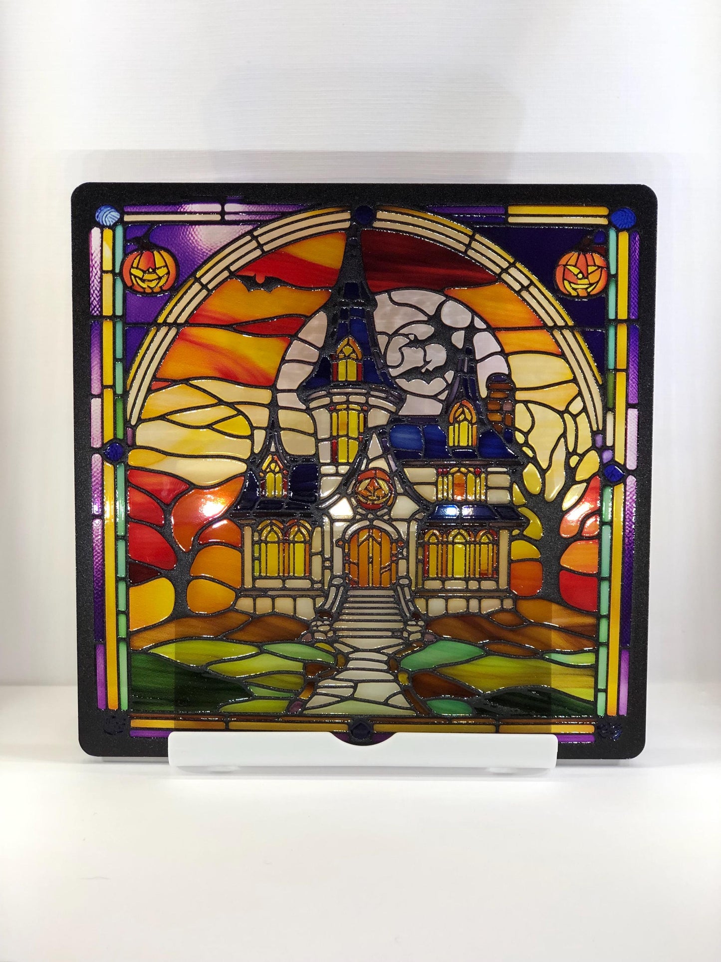 Vitrail Maison Hantée et ses Citrouilles – Décoration de Vitre Lumineuse – Cadeau Original pour Passionnés de l’Univers Halloweenesque