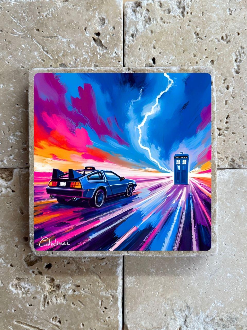 Pierre travertin 10x10 cm – Carreau décoratif science-fiction DELOREAN et TARDIS, verso liège