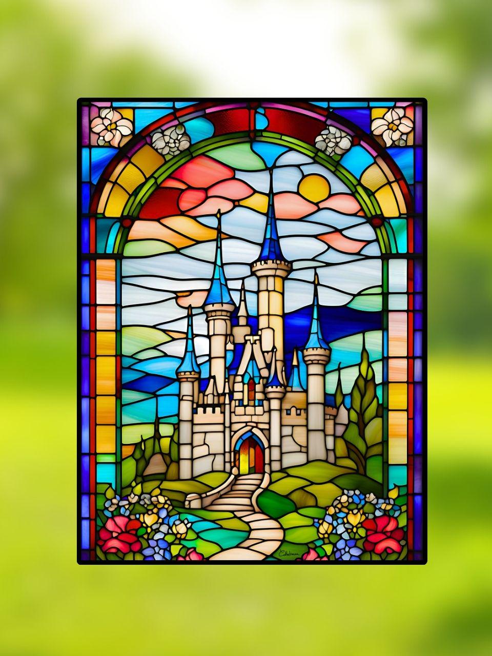 Vitrail Château de Conte de Fées 30x40cm – Décoration vitre Féerique – Cadeau Magique
