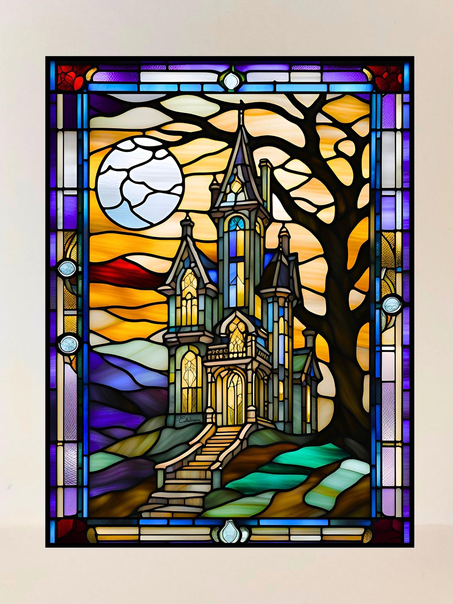 Vitrail Manoir 30x40cm – Décoration vitre Gothique – Cadeau Art Historique