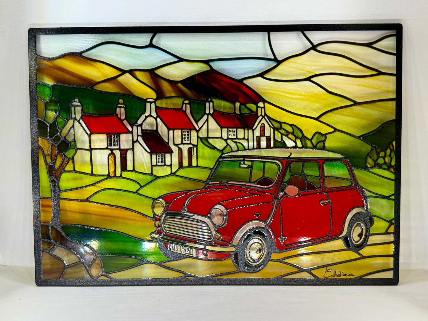 Vitrail l’Austin mini rouge à la campagne 210x148mm