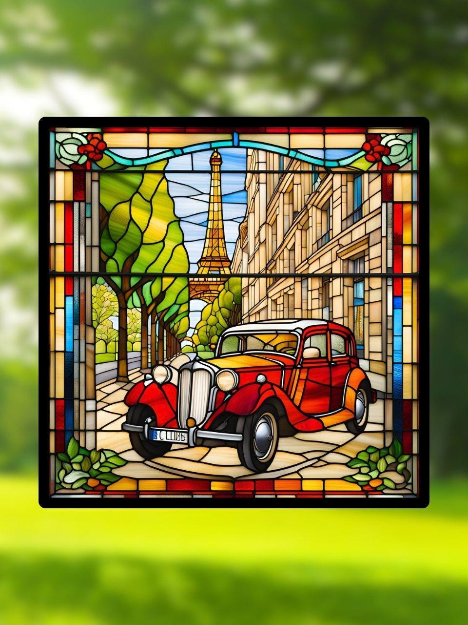 Vitrail Paris rétro – Rue, Tour Eiffel et voiture ancienne
