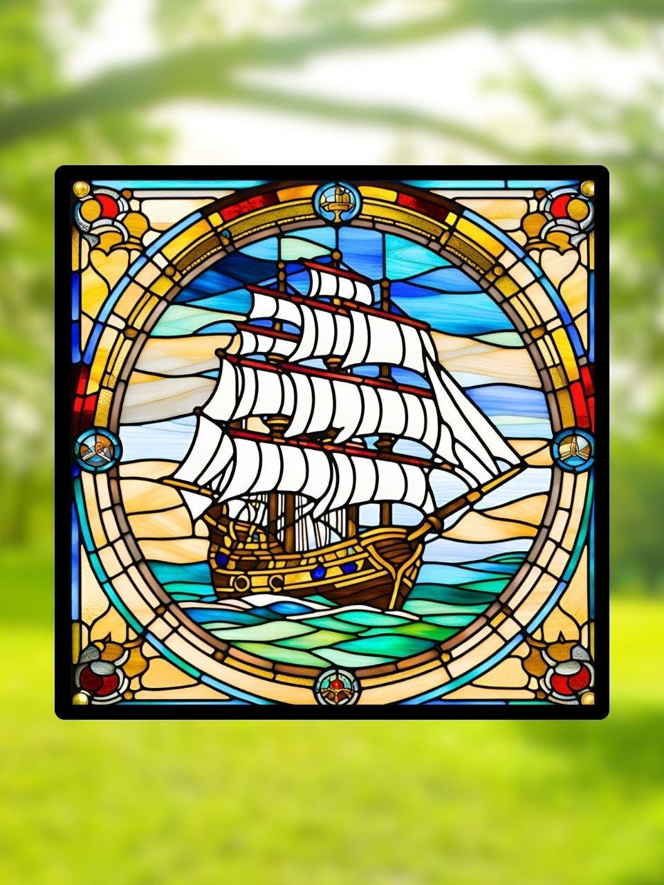 Vitrail Bateau Style Pirates – Décoration de Vitre Nautique – Cadeau Original pour Amoureux de l'Aventure