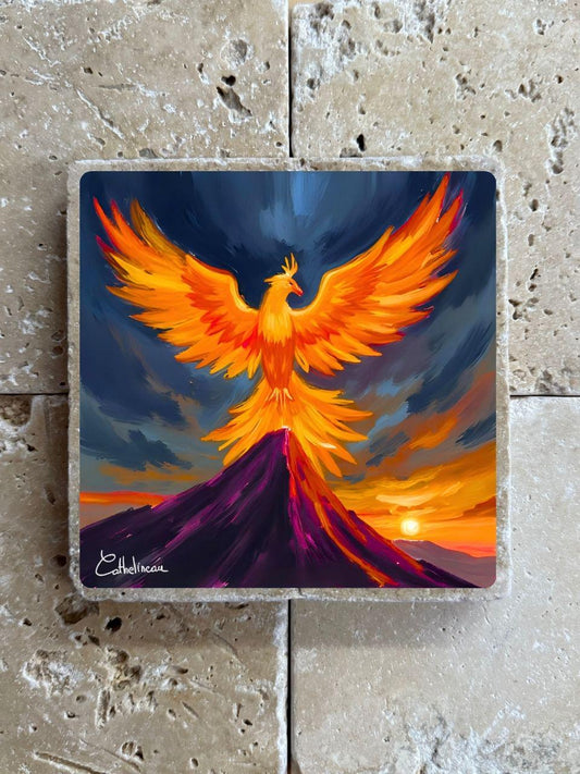 Pierre travertin 10x10 cm – Carreau décoratif phénix flamboyant, verso liège