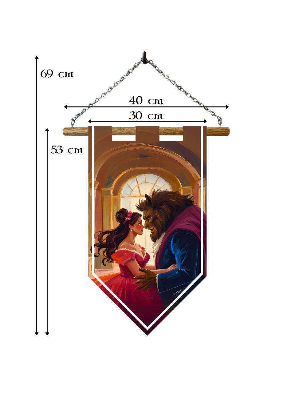 Étendard Belle et la Bête – Bannière murale toile 510g/m2 – Déco murale conte de fées romantique