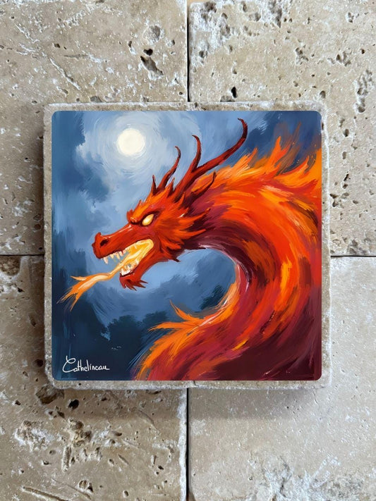 Pierre travertin 10x10 cm – Carreau décoratif dragon flamboyant, verso liège