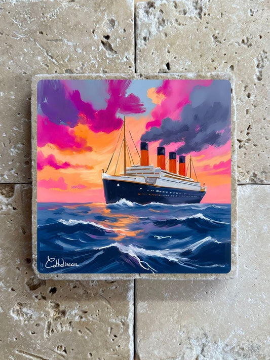Pierre travertin 10x10 cm – Carreau décoratif paquebot Titanic océan au coucher de soleil, verso liège