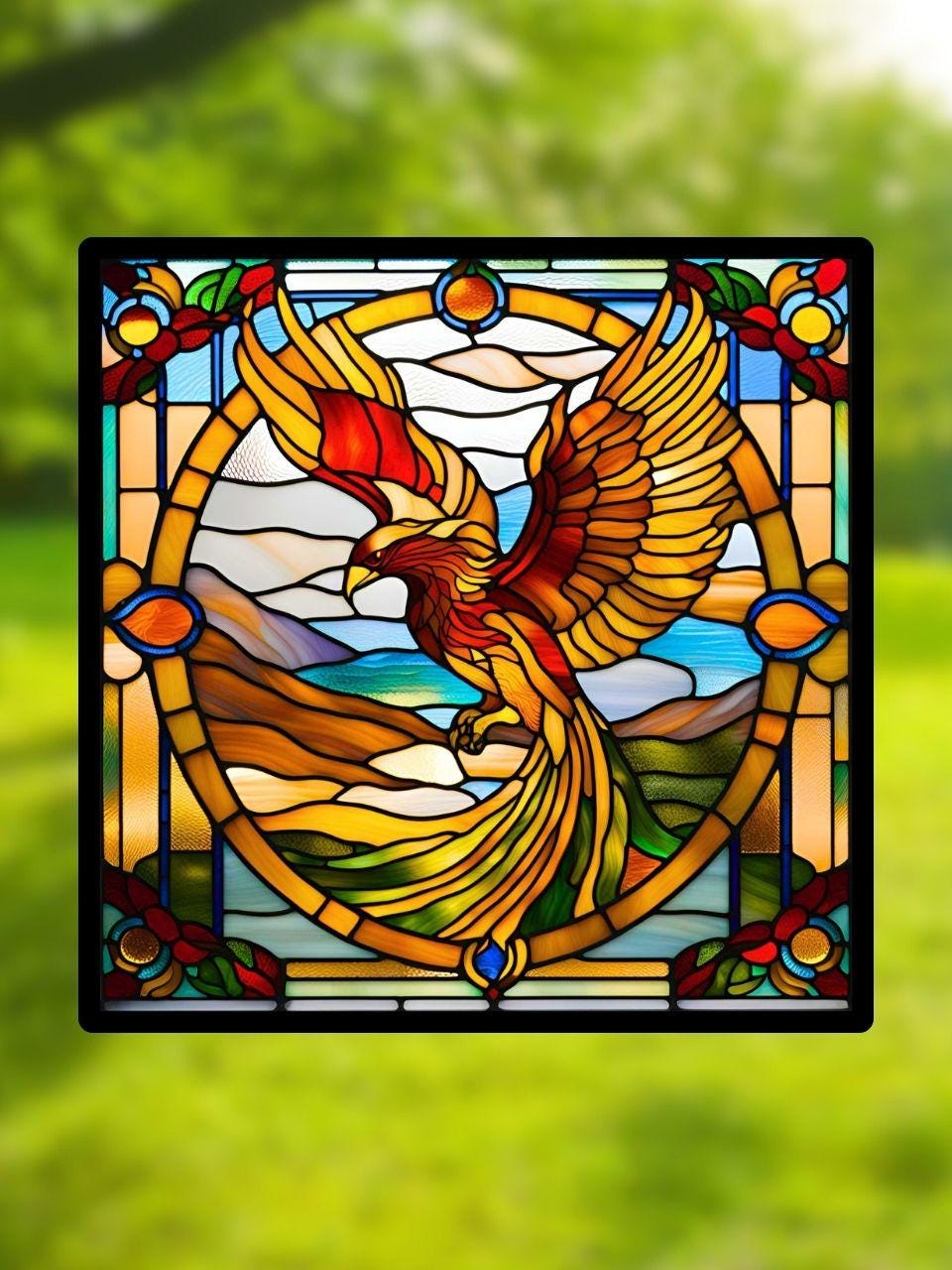 Vitrail Le Phénix – Décoration de Vitre Inspirée de la Mythologie – Cadeau Original pour Passionnés de Créatures Légendaires