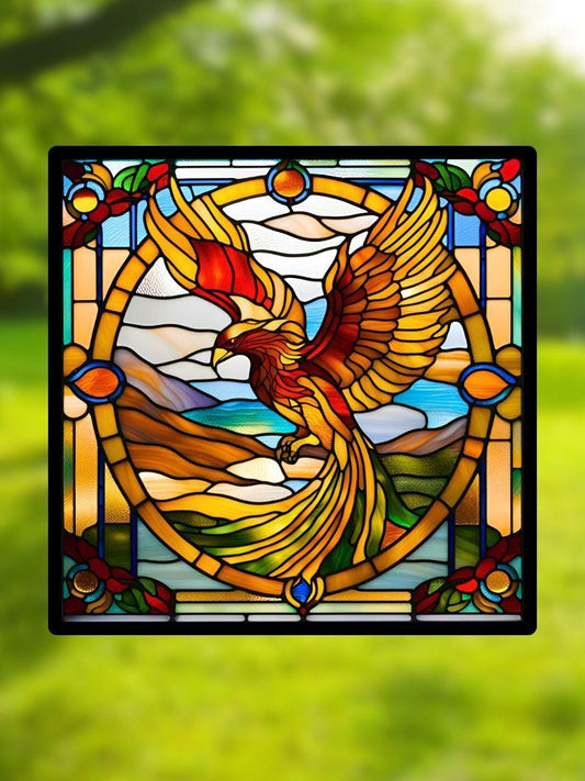 Vitrail Le Phénix – Décoration de Vitre Inspirée de la Mythologie – Cadeau Original pour Passionnés de Créatures Légendaires