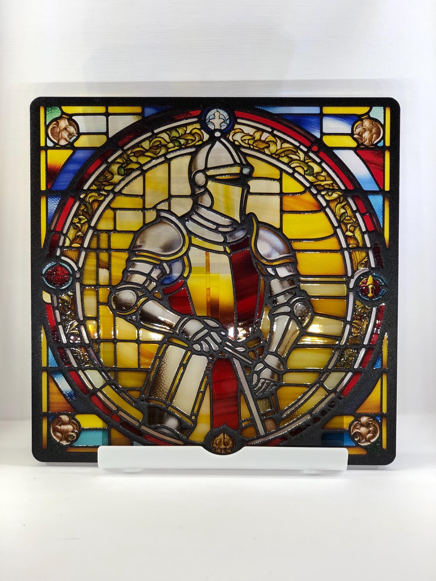 Vitrail Médiéval Chevalier en Armure – Décoration de Vitre Historique – Cadeau Original pour Passionnés du Moyen Âge