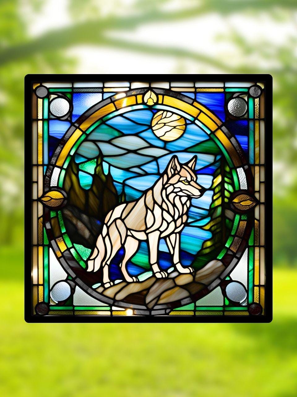 Vitrail Loup Sous La Lune – Décoration de Vitre Sauvage – Cadeau Nature et Mystère
