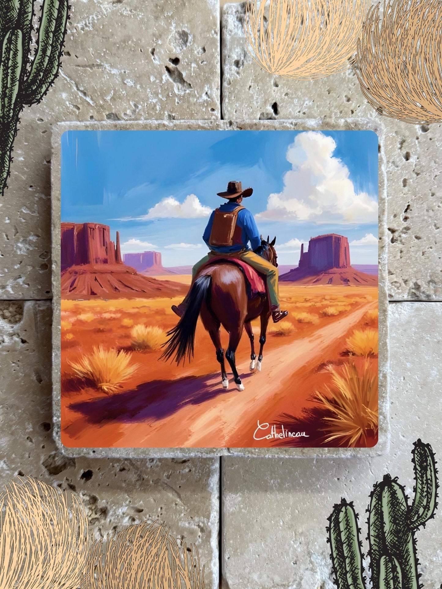 Pierre travertin 10x10 cm – Carreau décoratif cow-boy du Far West, cavalier dans le désert, verso liège