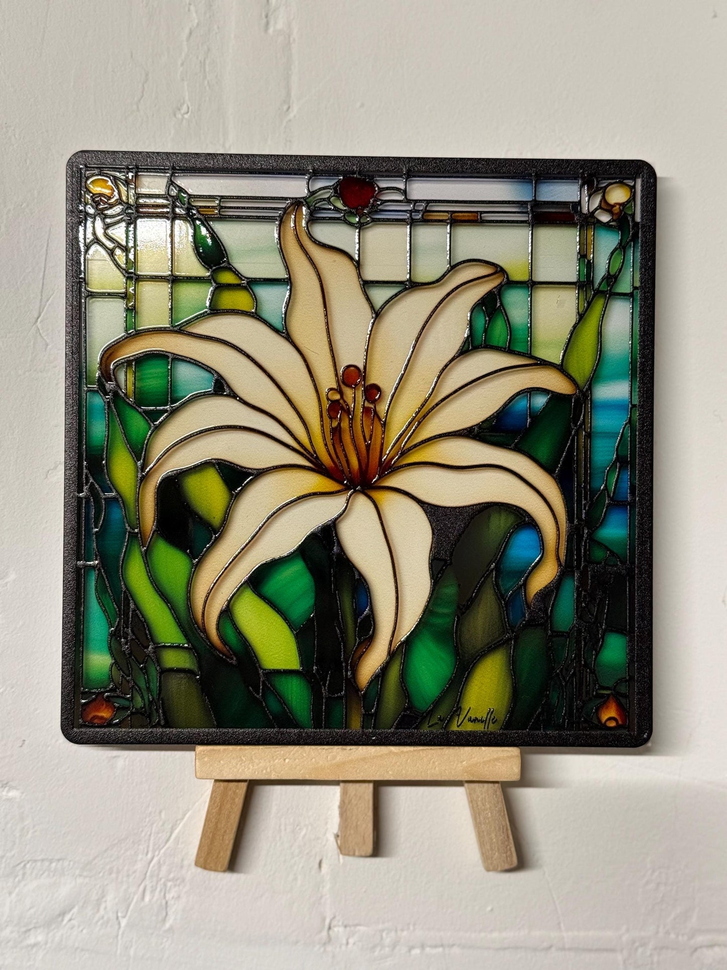 Vitrail "La Vanille" – Fleur de vanille en vitrail botanique, décoration florale lumineuse, esprit serre, format 14,5x14,5 cm