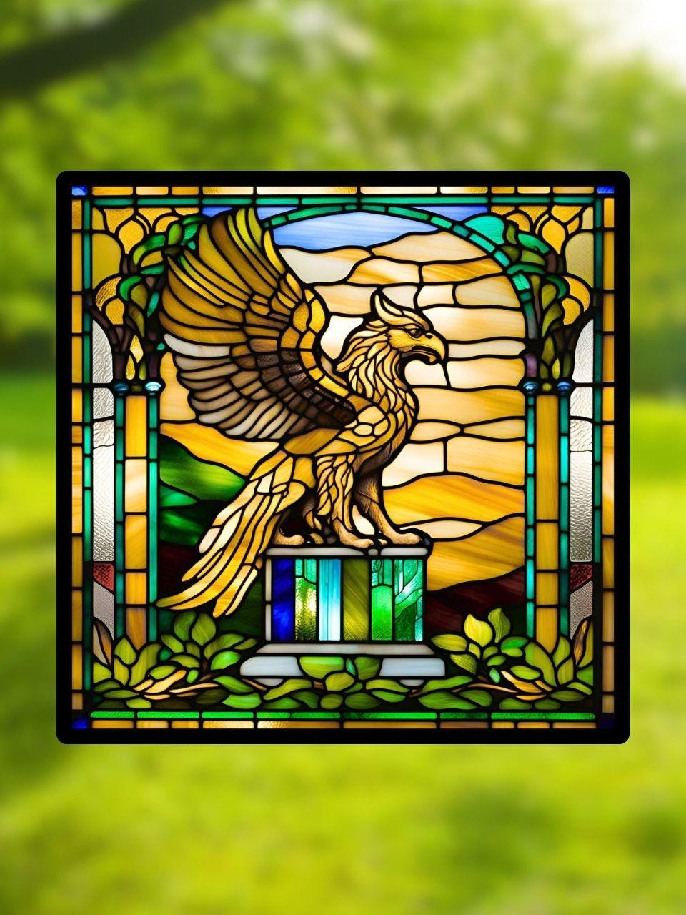 Vitrail Le Griffon d'Or – Décoration de Vitre Inspirée de la Mythologie – Cadeau Original pour Passionnés de Créatures Légendaires