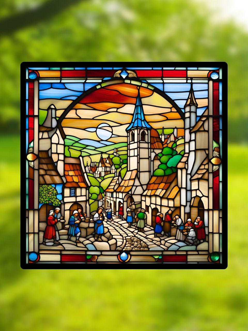 Vitrail Le Village Médiéval – Décoration de Vitre Historique – Cadeau Original pour Passionnés du Moyen Âge