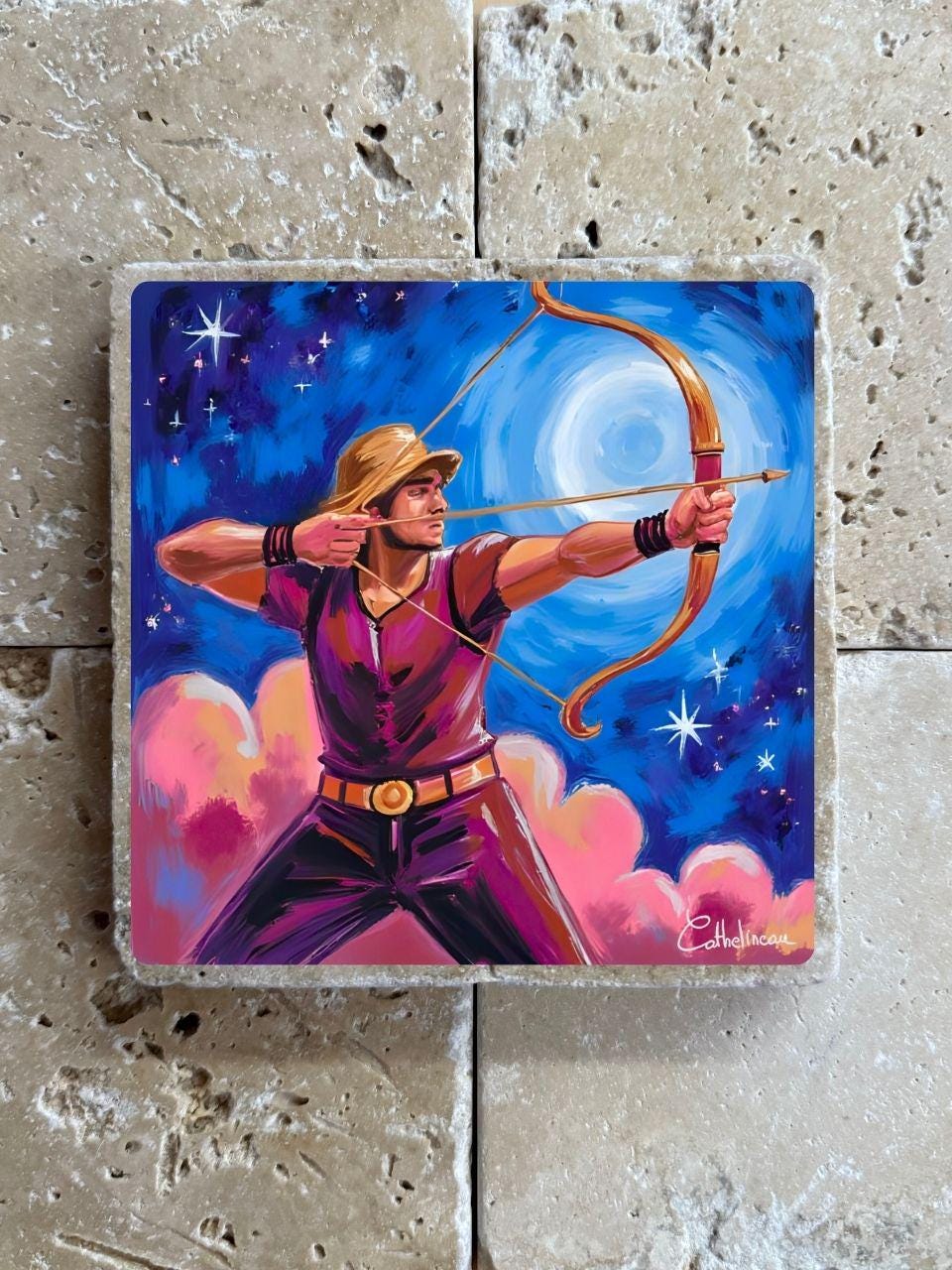 Pierre de travertin Sagittaire – Signe astrologique – Illustration artisanale zodiaque