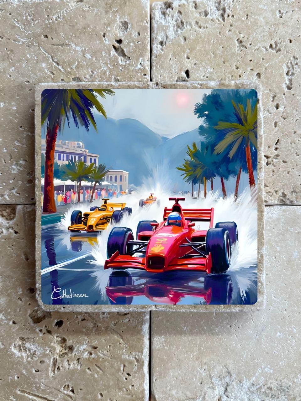 Pierre travertin 10x10 cm – Carreau décoratif course de Formule 1, verso liège