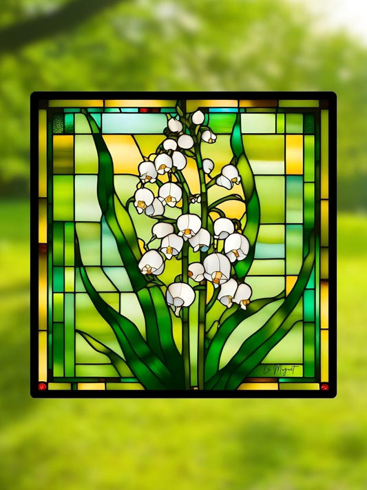 Vitrail "Brins de Muguet" – Art déco floral, vitrail carré 14,5x14,5 cm, décoration lumineuse verte et printanière