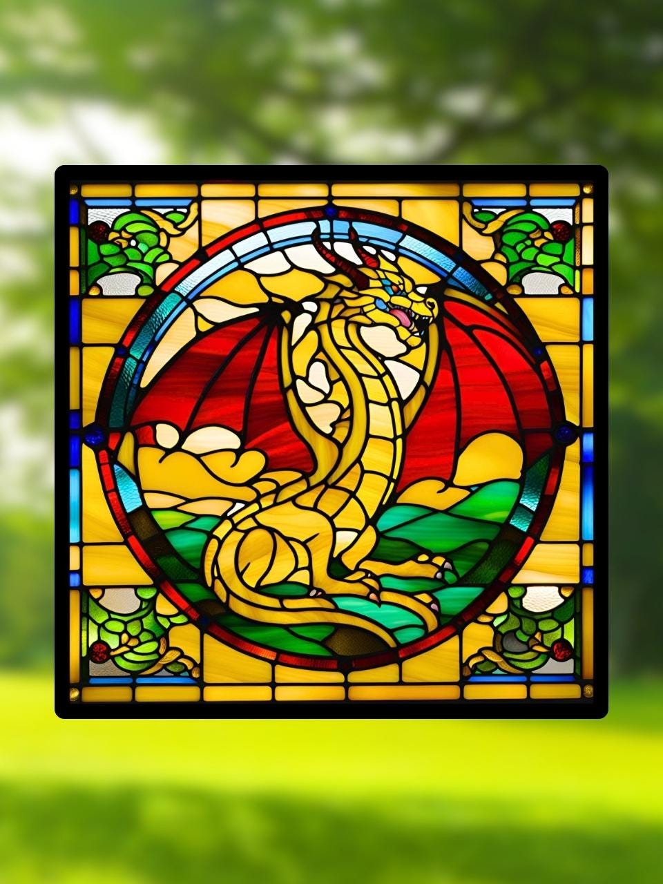 Vitrail Dragon Jaune – Décoration de Vitre Mythique – Cadeau Original pour Passionnés de Créatures Légendaires