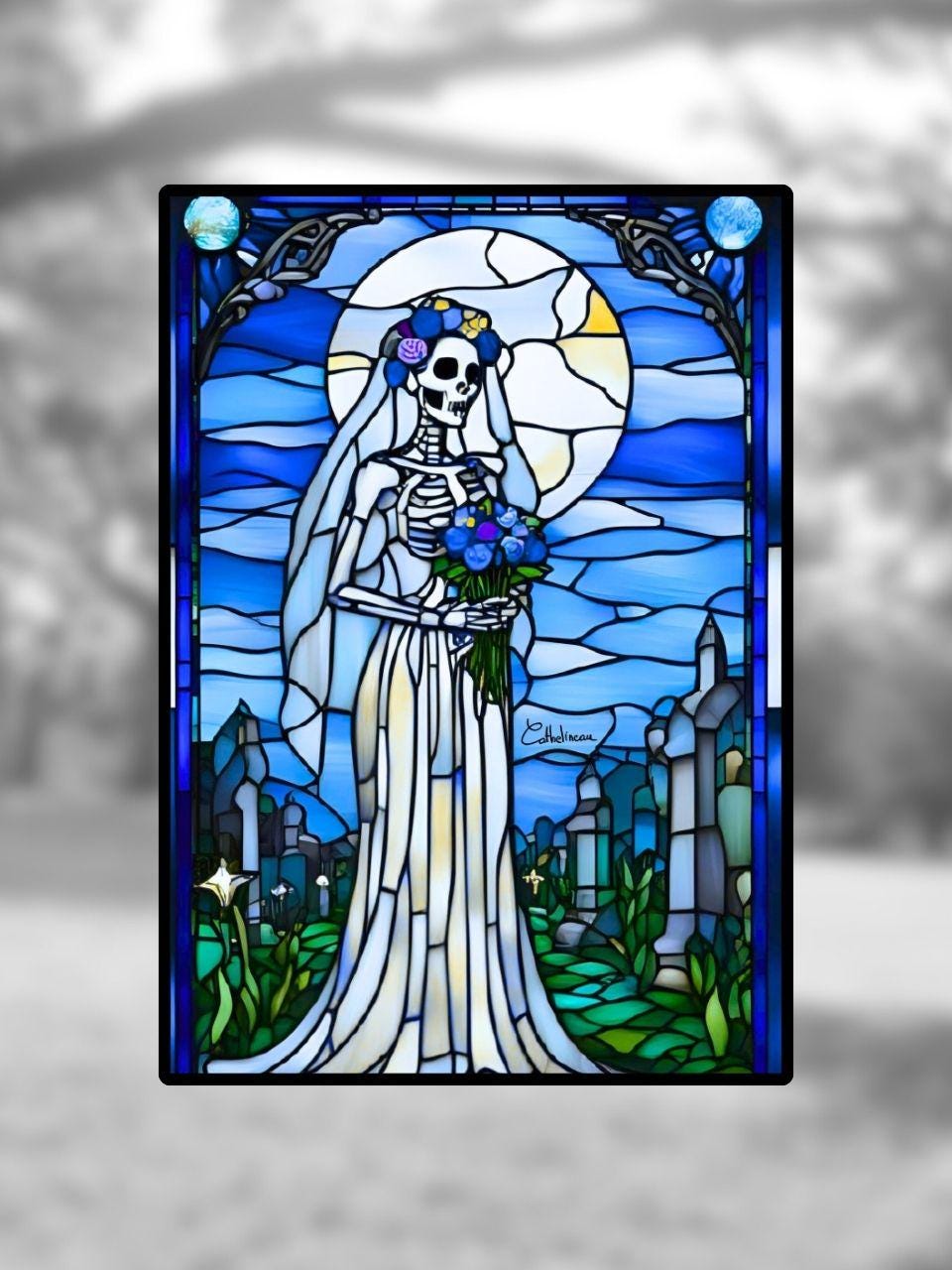 Vitrail "La Mariée Squelette" – Art gothique, vitrail funèbre, décoration d’Halloween, amoureuse éternelle, format 148x210mm