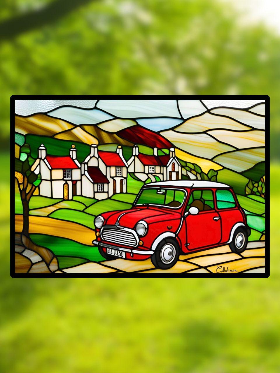 Vitrail l’Austin mini rouge à la campagne 210x148mm