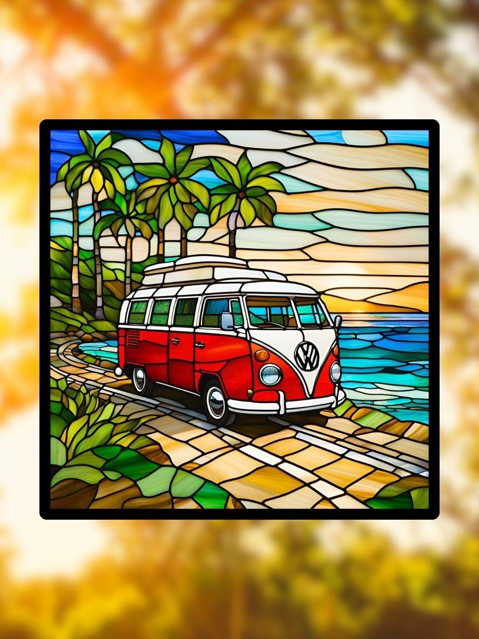 Vitrail van Combi VW rouge – Décoration vitre vintage – Cadeau rétro voiture