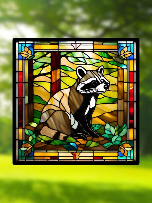 Vitrail Raton Laveur en Forêt – Décoration de Vitre Naturelle – Cadeau Original pour Amoureux des Animaux et de la Nature