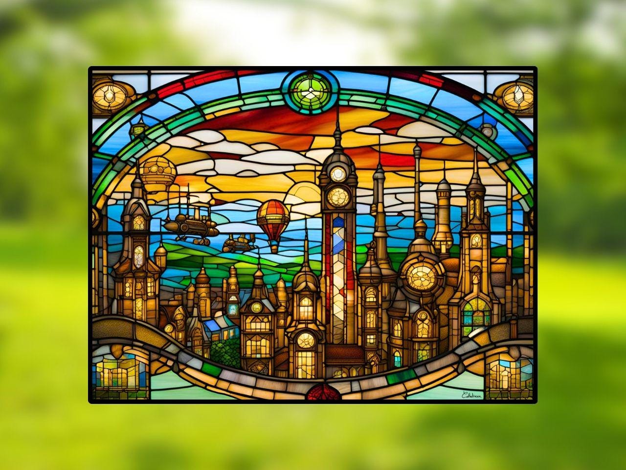 Vitrail Ville Steampunk 40x30cm – Décoration vitre rétro-futuriste – Cadeau original