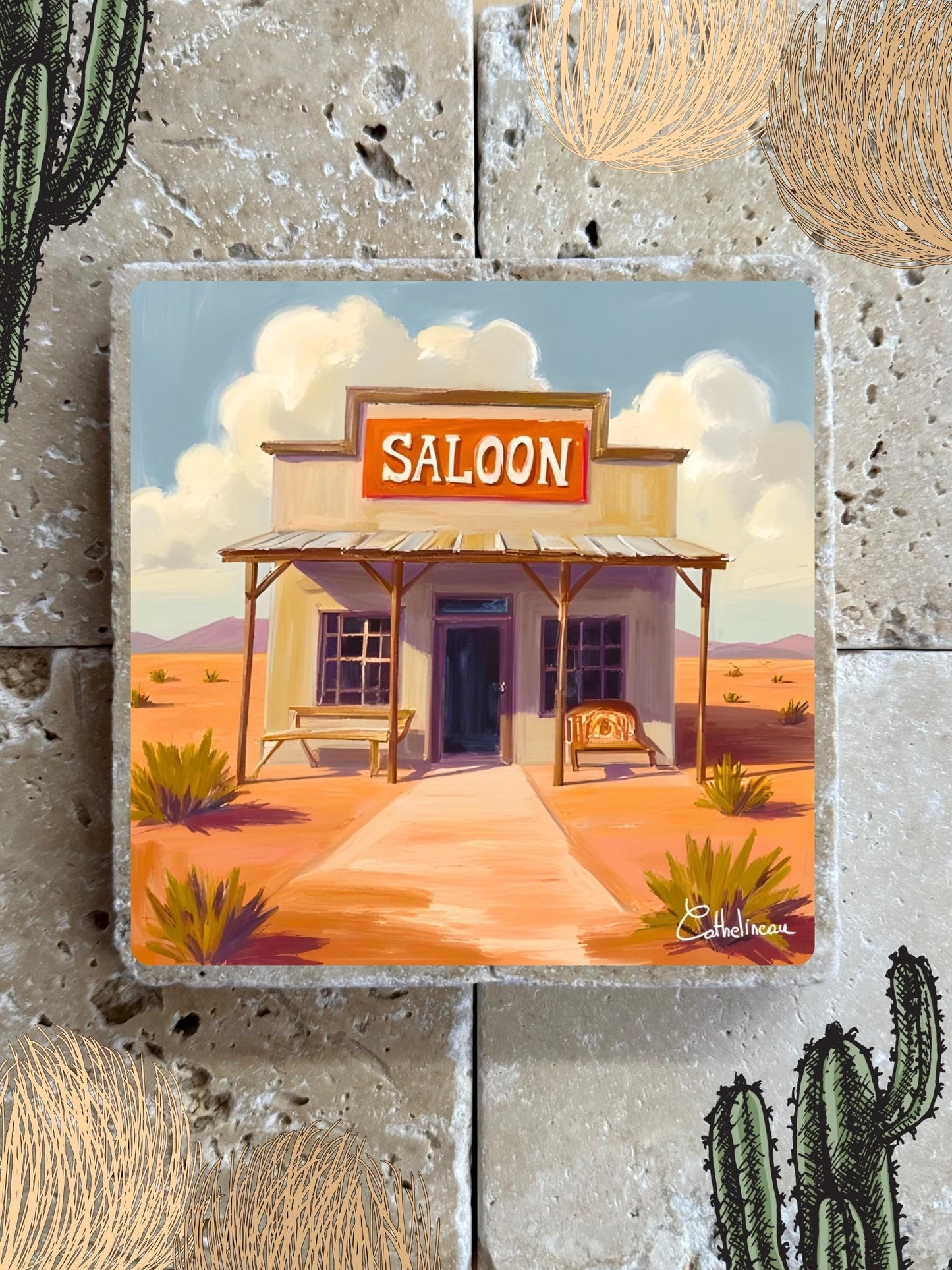 Pierre travertin 10x10 cm – Carreau décoratif saloon du Far West, illustration western, verso liège