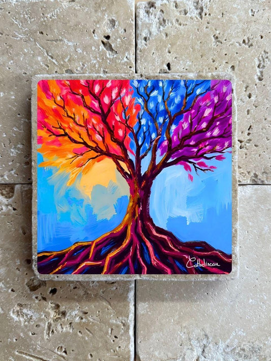 Pierre travertin 10x10 cm – Carreau décoratif arbre de vie coloré, verso liège