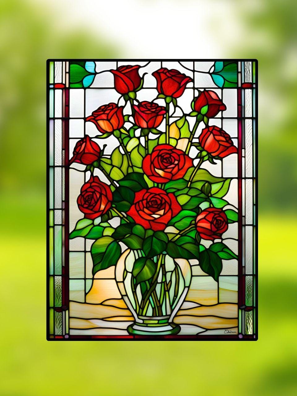 Vitrail Bouquet de Roses Rouges 30x40cm – Décoration vitre Romantique – Cadeau Fête des Mères