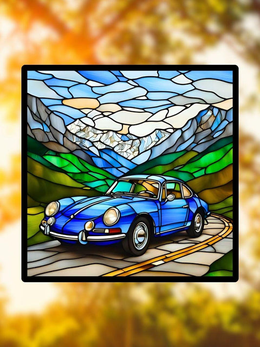 Vitrail L'alpine dans les montagnes – Décoration de Vitre Artisanale – Cadeau Unique pour Passionnés d’Automobile Vintage