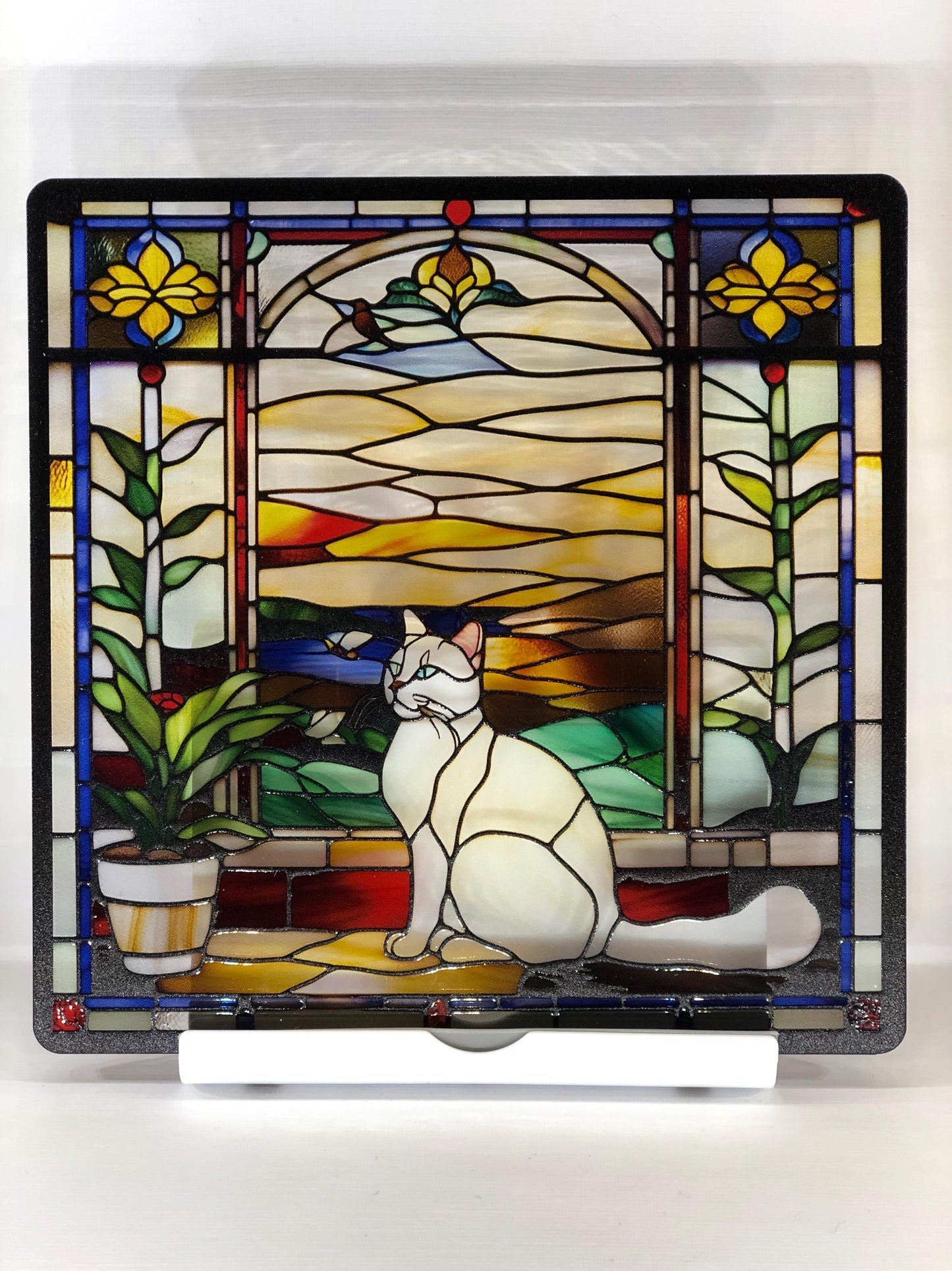 Vitrail Chat Blanc – Décoration de Vitre Féline – Cadeau Original pour Amoureux des Chats