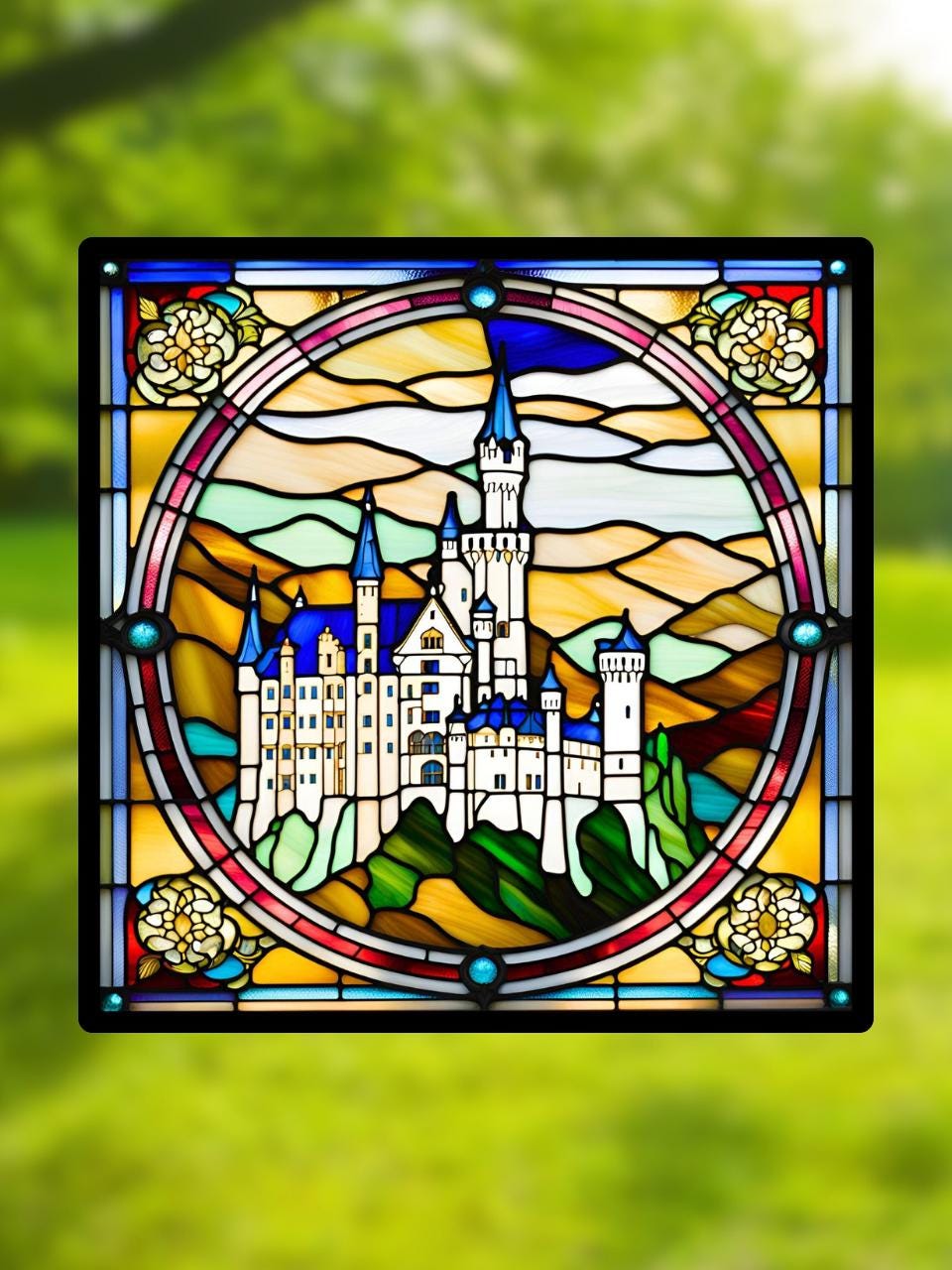 Vitrail Le Château Neuschwanstein – Décoration de Vitre Féérique – Cadeau Original pour Passionnés de Châteaux Légendaires