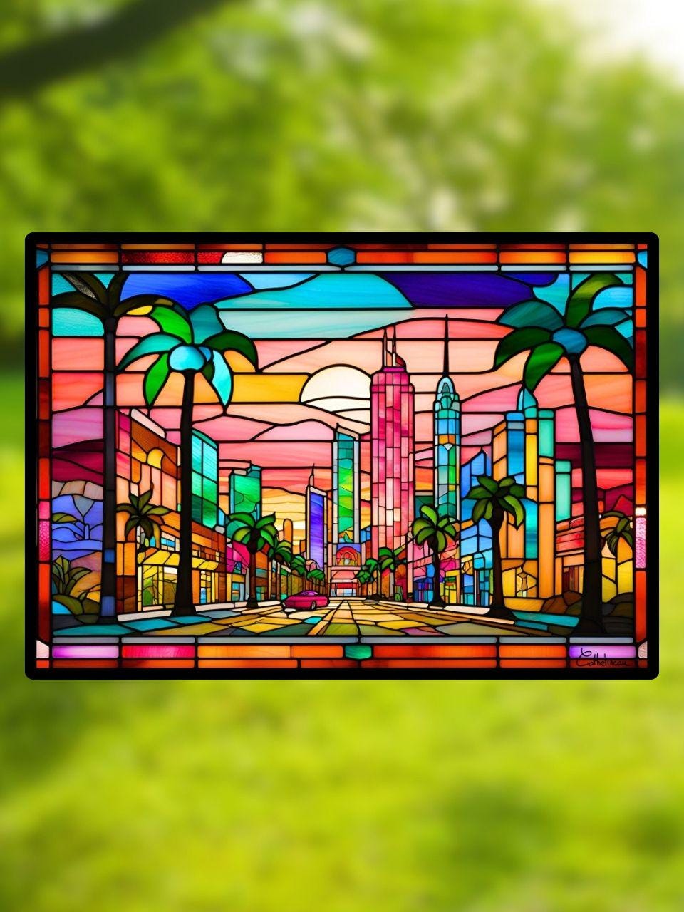 Vitrail Miami Vice City 210x148mm – Panneau Déco Néon Synthwave – Cadeau Original pour Fans de Rétro et de Culture Pop