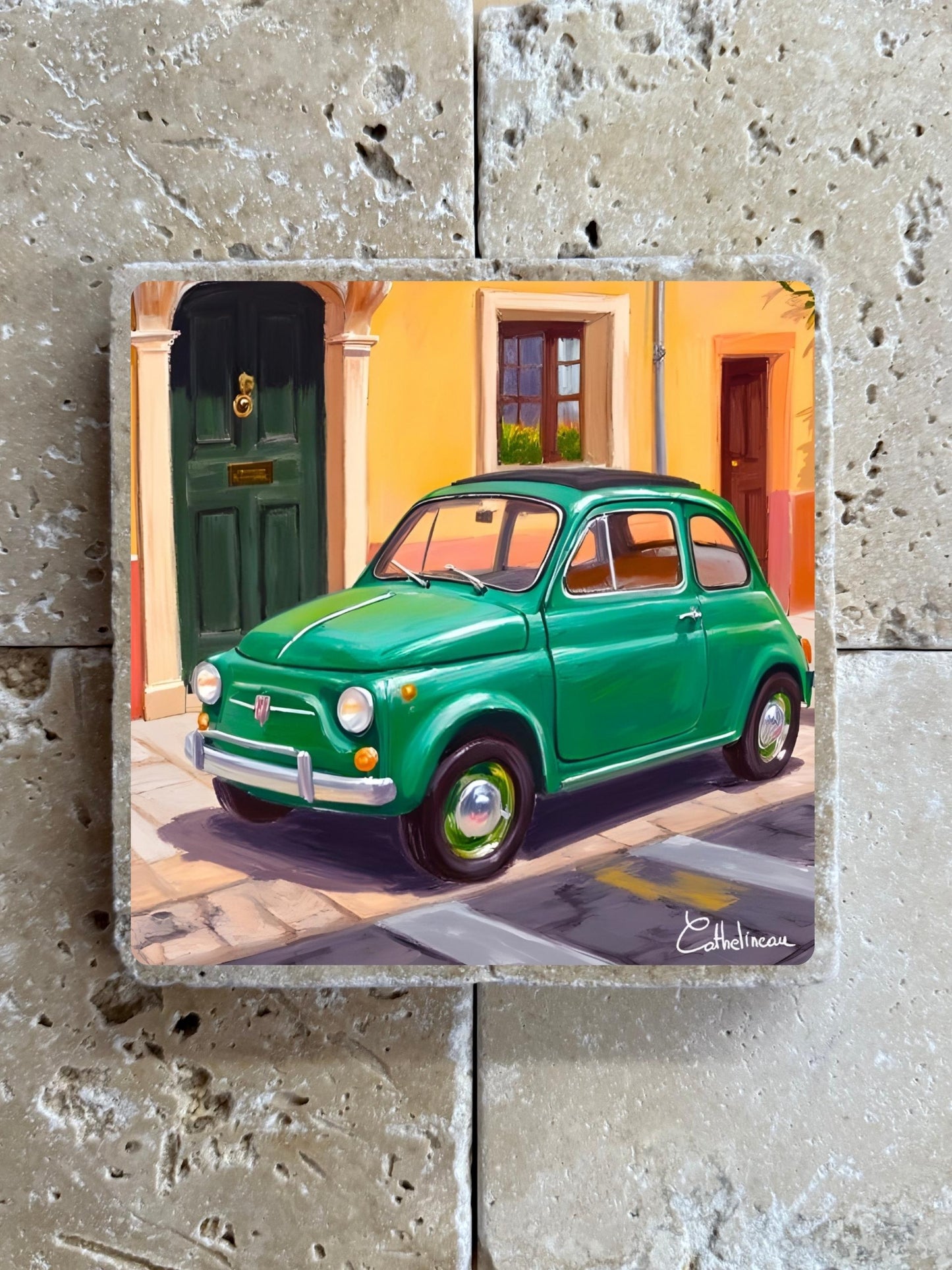 Pierre travertin 10x10 cm – Carreau décoratif voiture fiat 500 verte, illustration automobile rétro italienne, verso liège