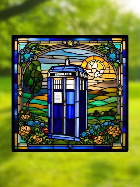 Vitrail Le Tardis – Décoration de Vitre Inspirée de Doctor Who – Cadeau Original pour Fans de Science-Fiction