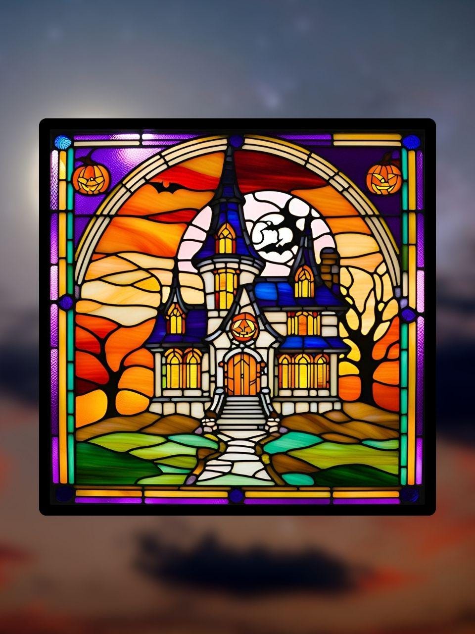 Vitrail Maison Hantée et ses Citrouilles – Décoration de Vitre Lumineuse – Cadeau Original pour Passionnés de l’Univers Halloweenesque