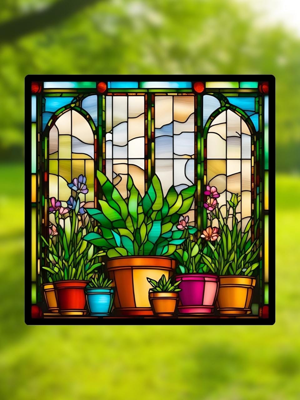 Vitrail "La serre aux plantes" – Serre vitrée et plantes en pots, vitrail végétal lumineux, décoration nature, format 14,5x14,5 cm