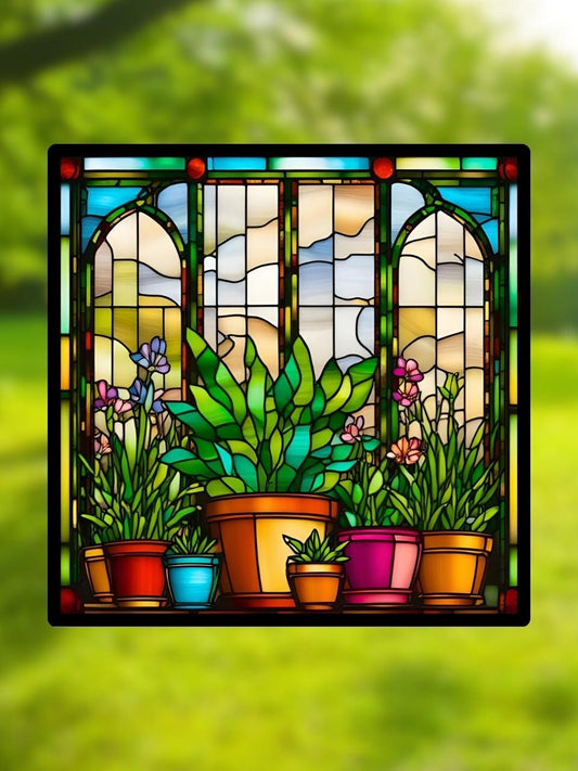 Vitrail "La serre aux plantes" – Serre vitrée et plantes en pots, vitrail végétal lumineux, décoration nature, format 14,5x14,5 cm