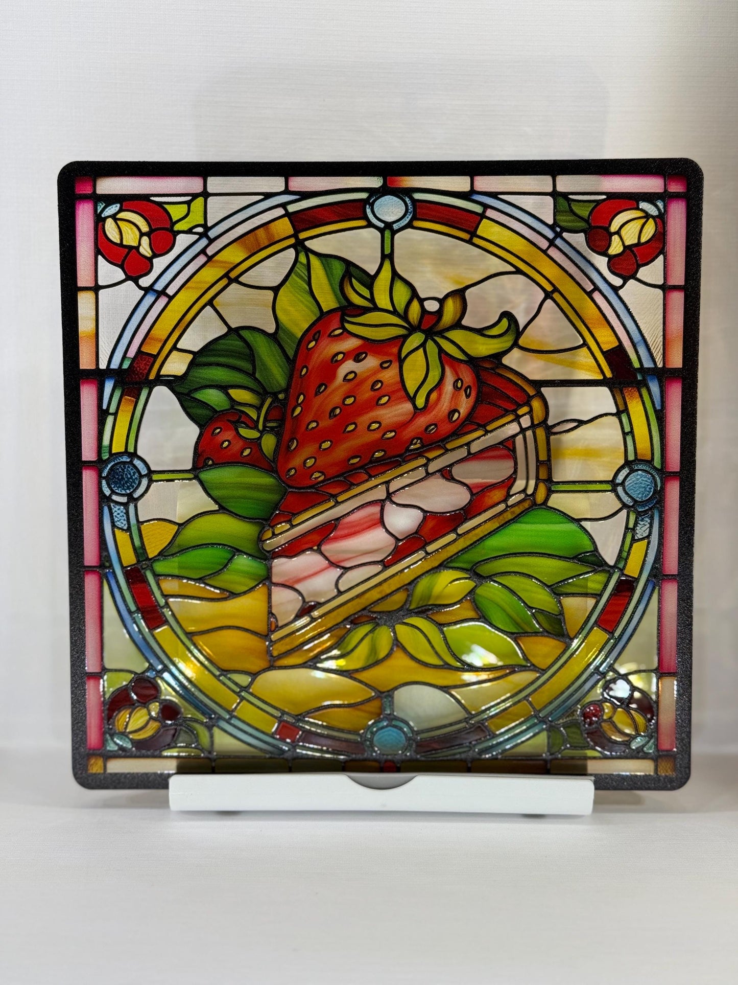 Vitrail Fraisier – Décoration de Vitre Fruitée – Cadeau Art Botanique