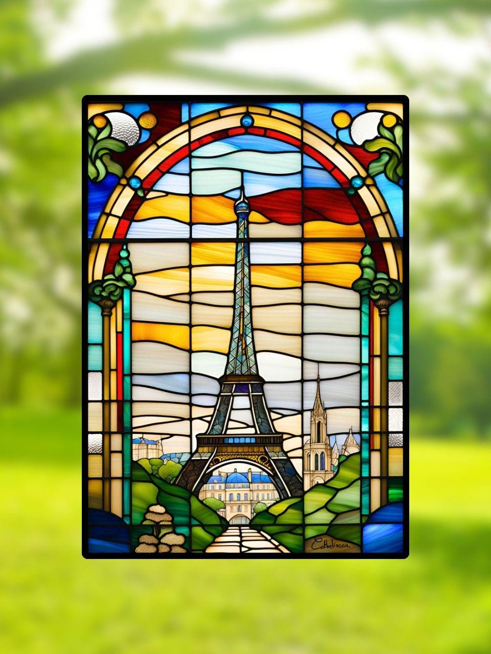 Vitrail La Tour Eiffel 148x210mm – Décoration de Vitre Parisienne – Cadeau Original pour Amoureux de la Ville Lumière