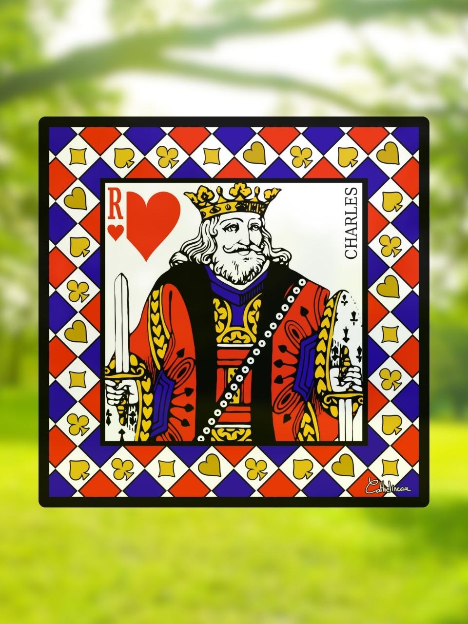 Vitrail "Roi de Cœur" – Carte à jouer en vitrail art déco, format carré 14,5x14,5 cm, décoration noble et graphique